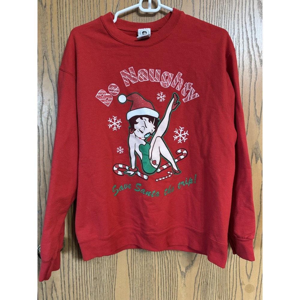 VINTAGE Betty Boop Sweater Womens Large Red Christmas Fleece Pullover Ladies L